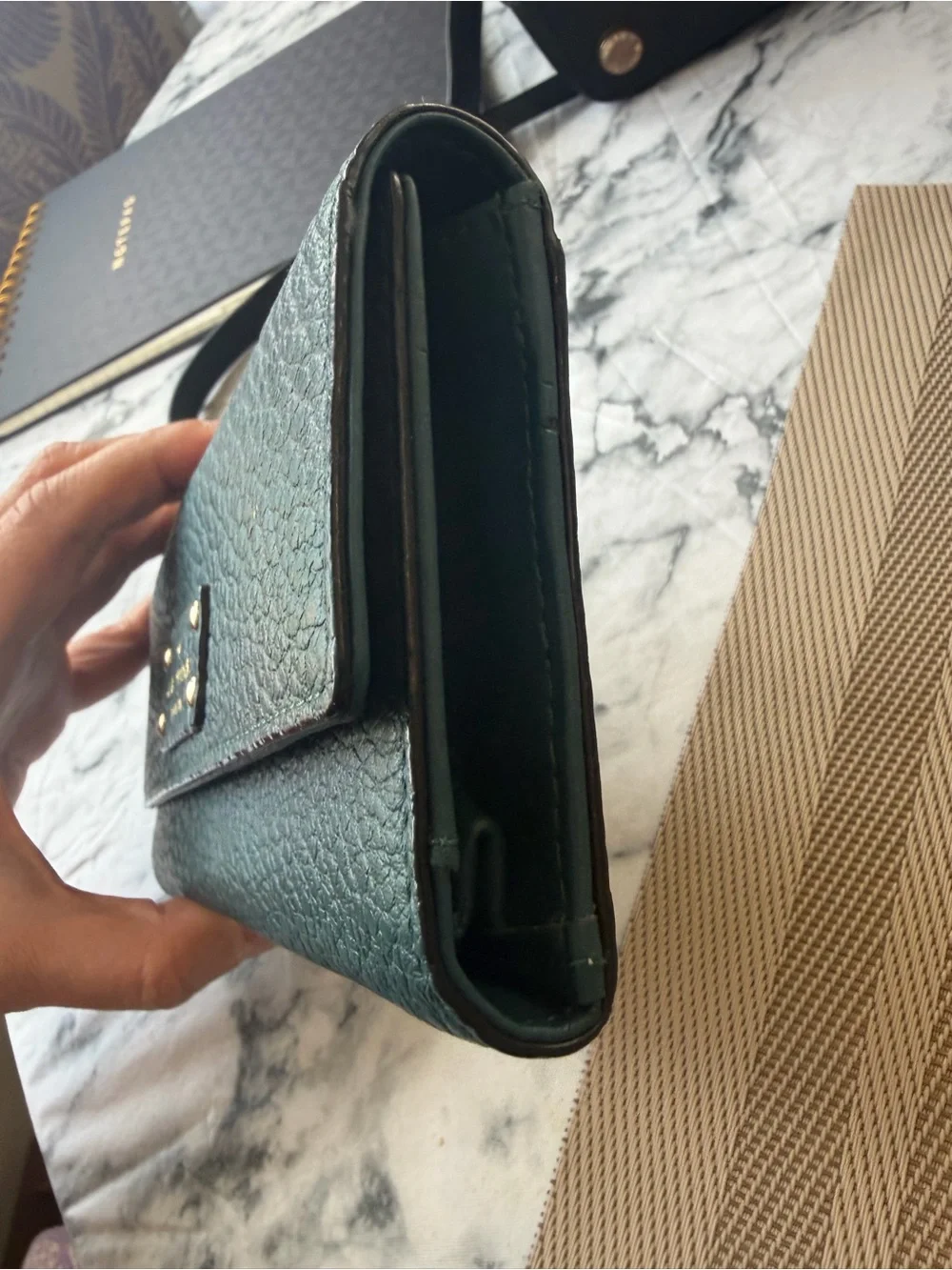kate spade Dark Teal Pebbled Leather Continental Wallet with Gold Hardware